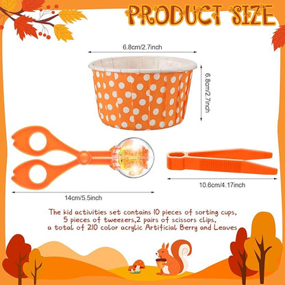 Jenaai 228 Pcs Sensory Bin Filler Fine Motor Skills Toys Counting Weight Sorting Toy Set with Acrylic Fall Leaves Pumpkin Tweezers Scissors Clips Cups and Storage Bag for Thanksgiving and Autumn Decor