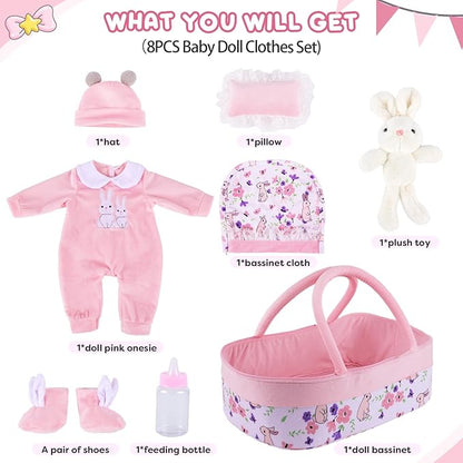 BABESIDE 8 Pcs Reborn Baby Doll Clothes with Bassinet for 17-22 Inch Baby Dolls, Baby Dolls Clothes Doll Accessories Set with Bunny Toy for Newborn Baby Dolls Girl (Not Doll)