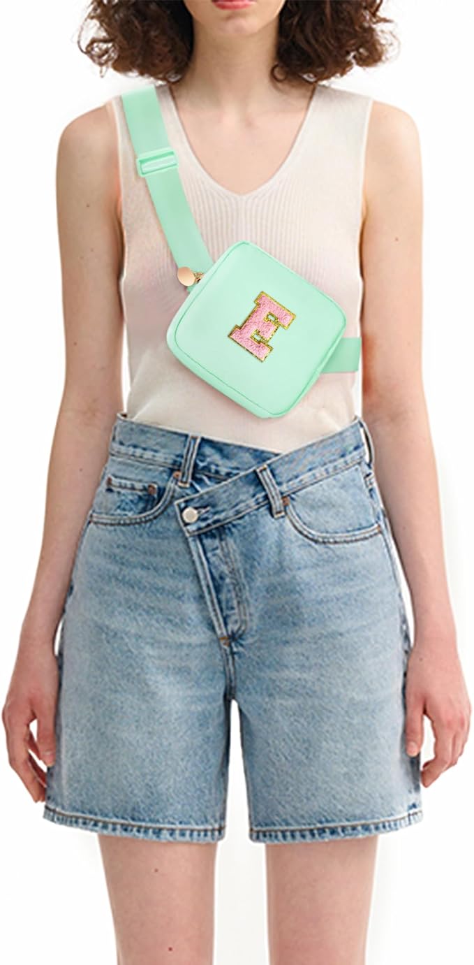 Mini Belt Bag Fanny Pack with Initials Letter Patch Small Crossbody Bags Cute Stuff Birthday Gifts for Teenager Girls Trendy Stuff for Teens - Light Green,E