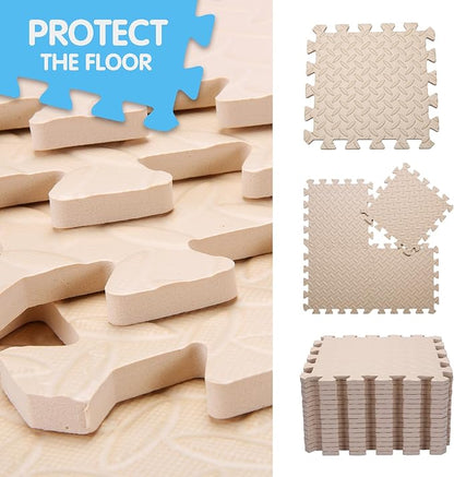 Coolcandy EVA Foam Play Mat, 16 Tiles Colorful Baby Play Mat, Square Kids Playmat with Solid Colored, 0.4" Thickened Interlocking Foam Floor Tiles, Puzzle Play Mat for Baby Lying, Playing (Beige)