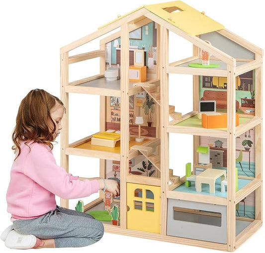 HONEY JOY Doll House, Wooden Dollhouse Playset w/7 Rooms, 21 Accessories & Miniature Furniture, Pretend Play Toys Kit, 2.46 Feet Big Doll House, Christmas Birthday Gift for Girls Boys Age 3+
