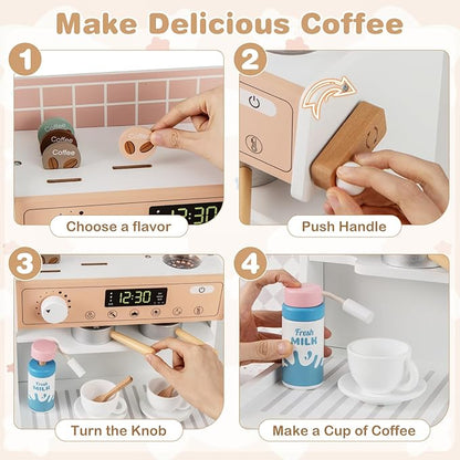 INFANS Kids Kitchen Playset, Toddler Wooden Kitchen Pretend Cooking Toy Set with Coffee Maker Ice Machine Dishwasher Microwave Storage Cabinet, Simulation Play Kitchen for Boys Girls 3+ (White)