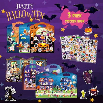 3Sets Halloween Reusable Sticker Books for Kids, Puffy Reusable Sticker Books for Toddlers 2-4 Years, Kids Halloween Party Favors