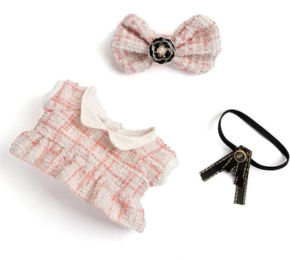 17cm Doll Outfits for Labubu - Luxury Chic Style Set for 17cm Dolls, Premium Doll Clothes with Accessories - Pink Plaid Tweed Dress + Black Necktie + Plaid Bow (Clothes Only)