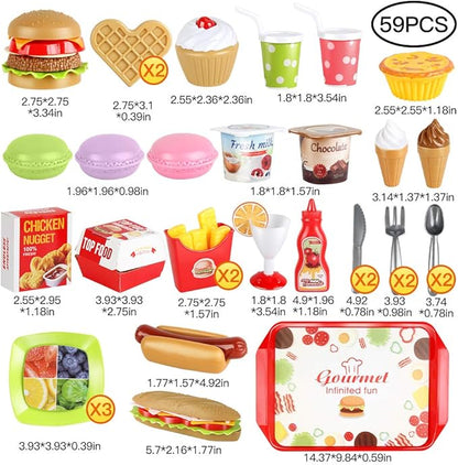 Fast Food Set - 59 PCS Kitchen Toy Set for Pretend Play, Kids Toddlers Play Accessories, Removable Food, Party Favor Christmas Stocking Stuffers