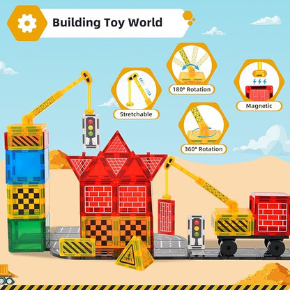 Magnetic Tiles Road Set - City Construction Building Toys, Magnetic Blocks with Extendable Crane and Car,Kids Toys for Boys & Girls Ages 3+, Creative Kids Games Gifts
