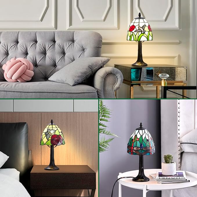 Tiffany Style mini Table Lamp-Stained Glass Hummingbird with Tulip Design Table or Desk Light LED Bulb Included-Vintage Look Colorful Accent Decor