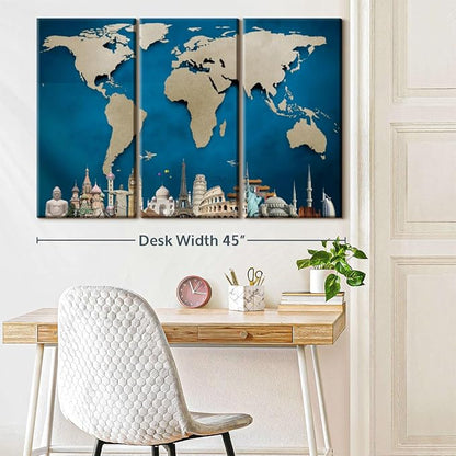 ElephantStock Ocean Blue World Map Multi Piece Canvas - 3 Panel Wall Decor - Map of the World Art - Canvas for the Office and Home - 45" X 28"