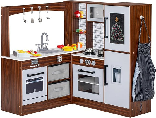 Corner Play Kitchen for Kids, Wooden Toddler Kitchen Playset w/Faucet, Sink, Microwave, Oven, Apron, Blackboard, Storage Cabinets, Pretend Cooking Toys w/Sound & Light Gift for Ages 3+