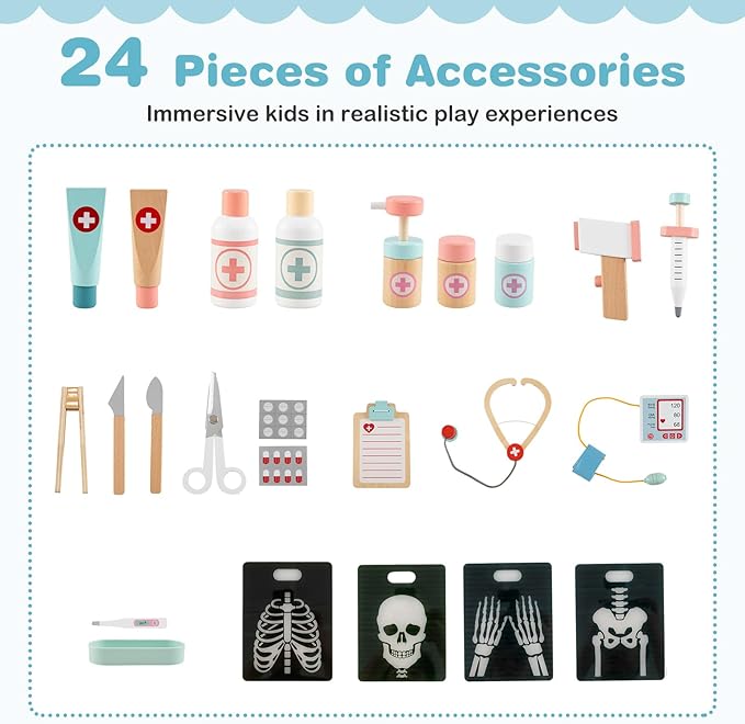 HONEY JOY Kids Wooden Doctor Play Set, 2 In 1 Checkup Medical Office Center & Vet Clinic Station, Exam Area & Interactive Accessories, X-Ray, Toddler Pretend Hospital Playset Kit for Boys Girls (Blue)