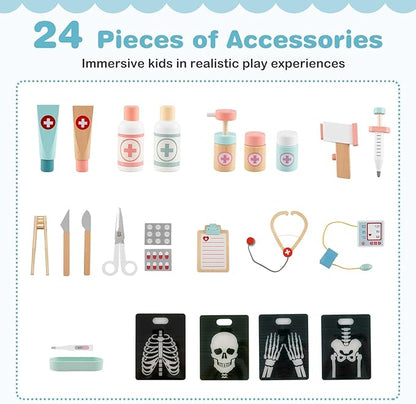 HONEY JOY Kids Wooden Doctor Play Set, 2 In 1 Checkup Medical Office Center & Vet Clinic Station, Exam Area & Interactive Accessories, X-Ray, Toddler Pretend Hospital Playset Kit for Boys Girls (Blue)