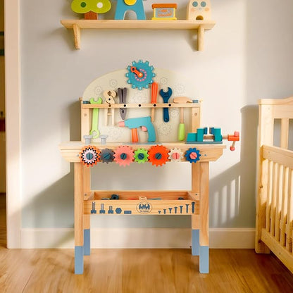 Tool Bench for Kids Toy Play Workbench Wooden Tool Bench Workshop Workbench with Tools Set Wooden Construction Bench Toy for 3 4 5 Year Old Boys and Girls