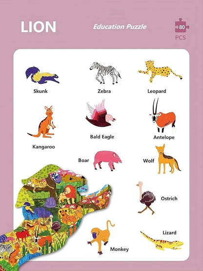 PINU Jigsaw Puzzles for Kids Ages 3-5, 6-8, 8-10, Children Colorful Fun Animal Shaped Puzzle Learning Educational Toys Gifts Games for Boys and Girls (Lion-80 PCS)