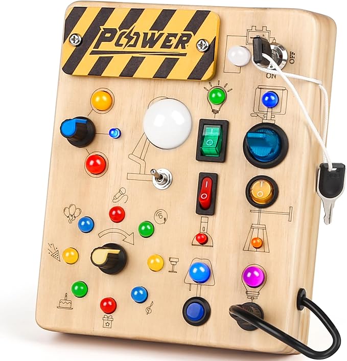 Joyreal Montessori Toddler Busy Board, 19 Led Wooden Sensory Board Educational Toy, Montessori Toys for 1-6 Year Old, Travel Toys Gifts for Toddlers Boys and Girls