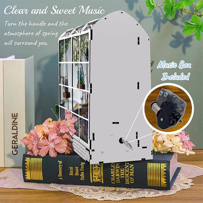 DIY Book Nook Kit with Music Box, 3D Wooden Puzzle Dollhouse with LED, Greenhouse Bookend for Adults and Teens, Bookshelf Decoration, Creative Gift for Friends and Family. Garden House