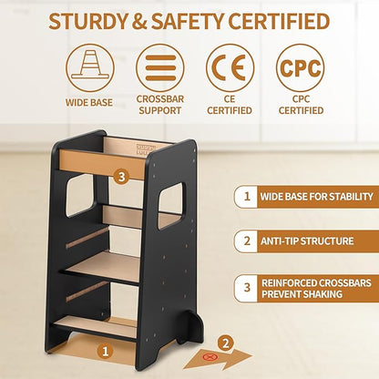 Toddler Kitchen Helper Tower for Ages 1–6 – 3-Level Adjustable Learning Tower, Toddler Standing Tower & Kitchen Stool Helper with Safety Rail, CPC Certified, Black