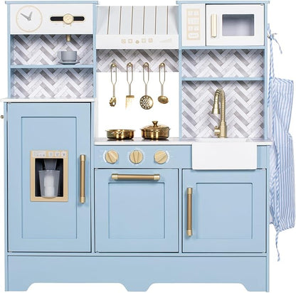 Play Kitchen for Kids, Wooden Children Kitchen Playset w/Coffee Maker, Oven, Stove, Sink, Apron, Ice Maker, Cookware, Kids Toy Kitchen Set for Toddler Girls Boys Pretend Play Toy Gift Ages 3+