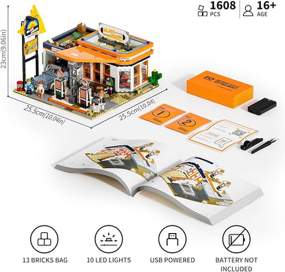 FUNWHOLE City Gas-Station Lighting-Building-Bricks Set - Road Trip Modular Car Service Station Collection LED Light Building Set 1608 Pcs for Adults, Teen and Travelling Enthusiasts
