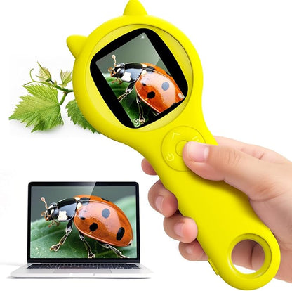 Kids Magnifying Glass Educational Science Kit - Mini LED Pocket Microscope for Kids(5-10 Years) - Durable Design - Ideal Gift for Girls (Yellow)