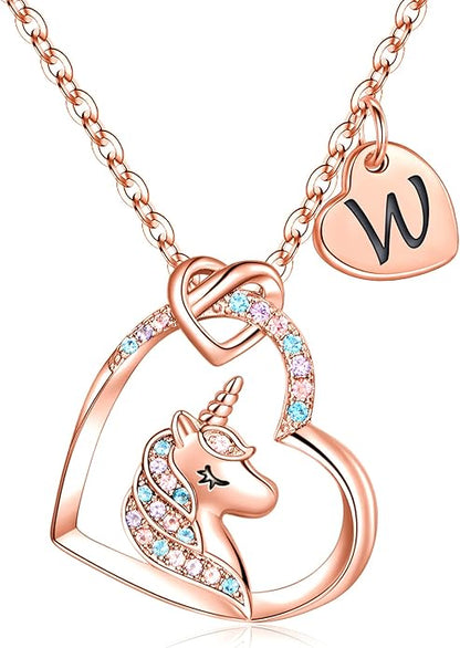 Hidepoo Unicorn Necklace Gifts for Girls - Colorful CZ Heart Pendant Initial Unicorns Necklaces for Teens Little Girls Jewelry Birthday Gift for Girl Daughter Granddaughter Niece