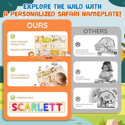 Personalized Wooden Name Puzzle for Toddlers 1-3 - Montessori Wooden Safari Sensory Toy with Jungle Animals, Custom Educational Learning Toys, Perfect Birthday Gift for Boys & Girls