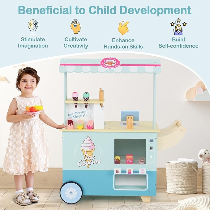 Costzon Ice Cream Cart, Wooden Grocery Store w/Vending Machine, Play Food, Display Rack & Shelves, Swivel Wheels, Push Handle, Ice Cream Truck, Market Stand Pretend Playset for Kids Ages 3+ (Green)