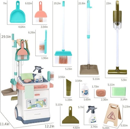 Kids Cleaning Set for Toddlers, Detachable 20 Pcs Pretend Play Set, Educational Toddler Cleaning Carts Includes Real Working Vacuum Cleaner, Broom, Spray Bottle and More
