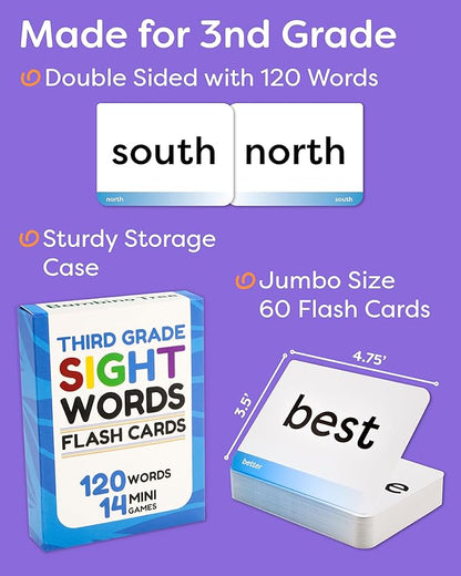 Sight Words Flash Cards 3rd Grade - 120 High Frequency Words from Dolch's and Fry's Lists for 8-9 Years