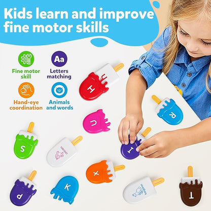 Letters Matching Ice Cream Alphabet Learning Toys,Counting Animals and Color Sorting Set Preschool Learning Activities Stacking Toys,Upper & Lowercase ABC Game Montessori Toys Gift for 3+Year Old Kids