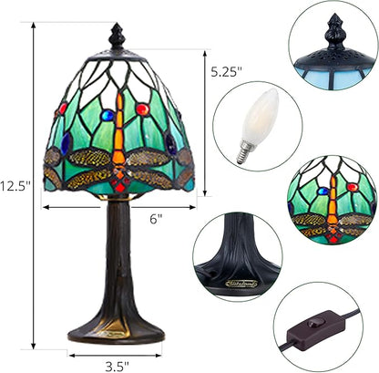 Stained Glass Dragonfly Design Table or Desk Light, Tiffany Style mini Table Lamp-, LED Bulb Included-Vintage Look Colorful Accent Decor