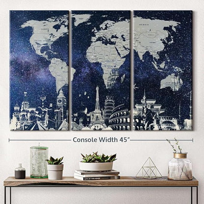 ElephantStock Starry World Map Multi Piece Canvas - 3 Panel Wall Decor - Map of the World Art - Canvas for the Office and Home - 45" X 28"