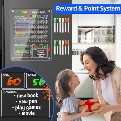 PigPotParty Acrylic Magnetic Chore Chart for Kids, 12"x16" Reward Responsibility Chart, Chores Checklist, 1 Weekly Dry Erase Fridge Board for Teens Adult Family Multiple Kids, w/ 12 Markers & Towel