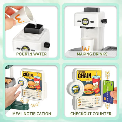 Pretend Play Food Toy for Kids Kitchen with Cash Register, Coffee Maker, 71 Pcs Fast Food Set with Burger, Fries, Ice Cream, Play Money, Educational Birthday Gift for Boys Girls Ages 3-8 (Green)