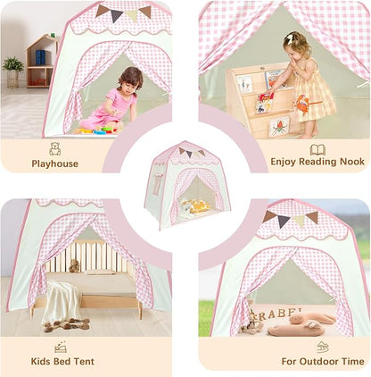 Toddler Bed Tent, Kids Play Tent with Flags, Star String, Portable Bed Canopy for Boys & Girls, Children, Indoor Outdoor Dome Playhouse, Pink Plaid, 51" x 39" x 51"
