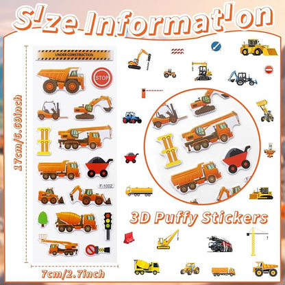 36 Sheets 3D Construction Stickers for Kids (900+), Bulk Puffy Truck Stickers - Excavator, Bulldozer, Crane with Safety Signs & Tools for Boys Crafts, Rewards