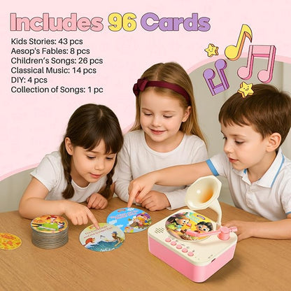 Kids Phonograph Toddler Record Player， with 96 Learning Cards, Early Education Machine Record Player Music Box Storyteller pop Speakers, Gift for Boys and Girls
