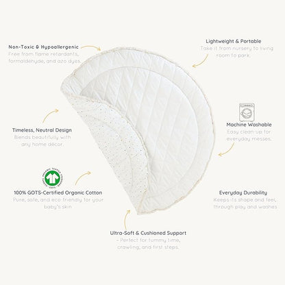 MakeMake Organics Organic Play Mat GOTS Certified Organic Cotton Nursery Floor Machine Washable Reversible Non Toxic Activity Mat Tummy Time Crawling Pad Thick Quilted (Round 48", Dotty + Solid Ivory)