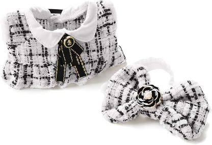 17cm Doll Clothes for Labubu - Luxury Chic Style Set for 17cm Dolls, Premium Doll Outfit with Accessories - White Plaid Tweed Dress + Black Necktie + Plaid Bow (Clothes Only)