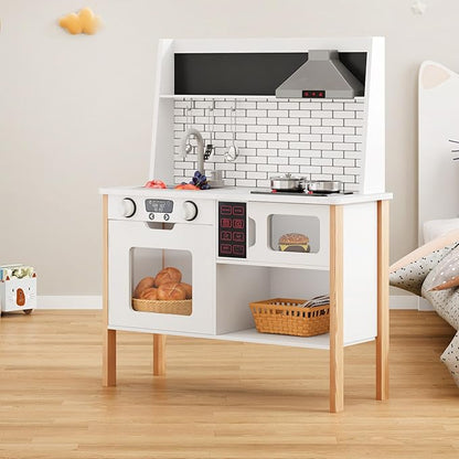 DlandHome Kids Kitchen Playset, Pretend Kitchen Playset with Real Lights & Sounds, Chef Pretend Play Set with Sink Oven Microwave, Ideal Role Play Toy Gift for Toddlers and Kids Ages 3+, White