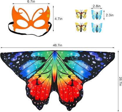 Butterfly Costume for Girls Fairy Wings Kids 4 Pcs(Cape,Skirts,Masks,Hair Clips) Butterfly Wings for Halloween Gifts
