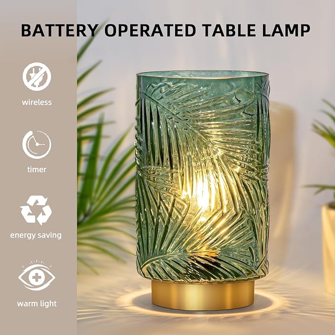 Battery Operated Table Lamp, Cordless Lamps for Home Decor, Battery Powered Nightlight with LED Bulb with Timer, Decorative Lights for Living Room Bedroom Tabletop Entryway Centerpiece Gift(L Green)