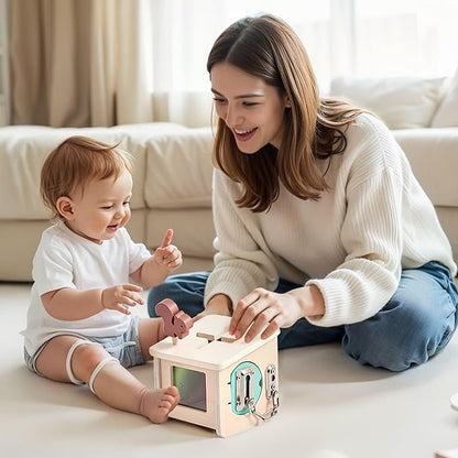 Wooden Lock Box STEM Learning Toys for Kids - Montessori Puzzle Cube with 3 Types of Locks (Hook/Chain/Sliding Bolt), Shape Sorting - Early Educational Fine Motor Skills for Boys & Girls