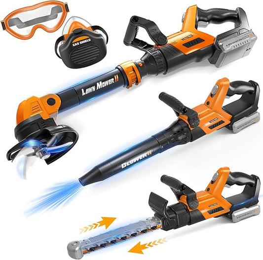 3-IN-1 Kids Garden Tools with Lights and Sounds, Weed Wacker Toy, Leaf Blower Toy, and Hedge Trimmer, Yard Tools Outdoor toys for Boys Pretend Role Play, Christmas Birthday Gifts for Kids 3,4,5,6,7,8+