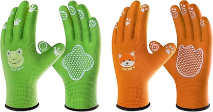 COOLJOB Breathable Toddler Work Gloves for Gardening Boy Girl Ages 4-6 Medium, Nylon Kids Garden Gloves with Grip, Children Yard Gloves for Digging Weeding Landscaping, Green & Orange, 2 Pairs