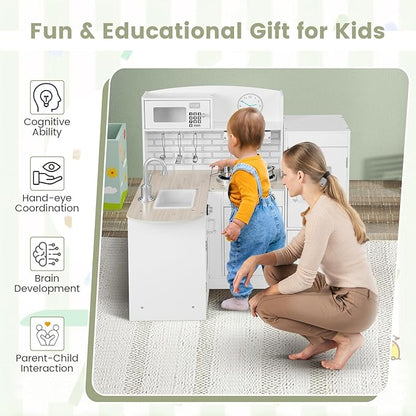 Costzon Corner Kids Kitchen Playset, 8-in-1 Wooden Toy Kitchen Set with Realistic Microwave, Oven, Stove, Refrigerator, Range Hood, Pretend Play Kitchen for Toddlers Boys Girls