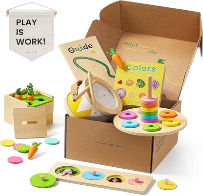 Tiny Land Montessori Toy Set for Baby 13-15 Months Explorer Play Kit - 7-in-1 Baby Drum, Carrot Harvesting and Coin Boxes, Stacking and Color Matching Plate, Size Matching Puzzle, Color Board Book