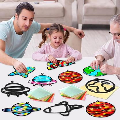 Qyeahkj 36 Set Outer Space Suncatchers Crafts for Kids DIY Solar System Window Tissue Paper Craft Kit Space Hanging Decor for Planet School Home Activity Art Project Birthday Party Favor Gift