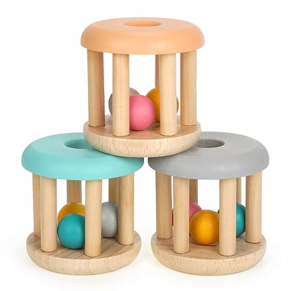DUCKBOXX XX Montessori Infant Educational Toys, Natural Wood Rolling Rattle Toy, Early Learning Toy for Developing Fine Motor Skills and Color Recognition, for Ages 0m–2yrs (Burlywood Base - 3pcs)