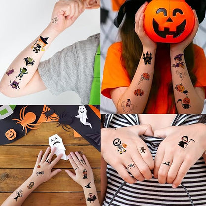 380+ PCS Halloween Temporary Tattoos for Kids, 30 Sheets Creative Design Halloween Tattoos for kids Halloween Party Decorations, Pumpkin Tattoo Stickers Halloween Gifts for kids for Halloween Makeup