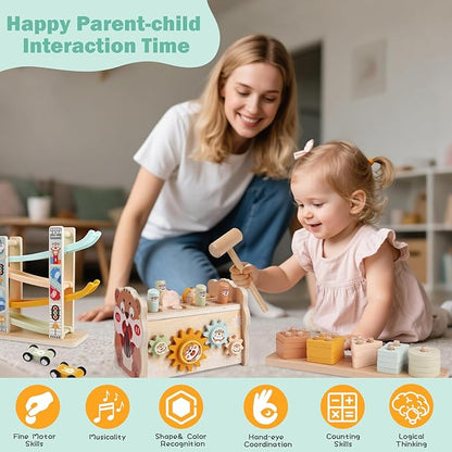 Wooden Montessori Toys for Toddlers 1-3, Baby Pounding Hammering Toy with Xylophone & Fishing Game, Car Ramp Racer, Stacking Blocks & Shape Sorter, 3 in 1 Learning Multi-Activity Set for 1 + Year Old